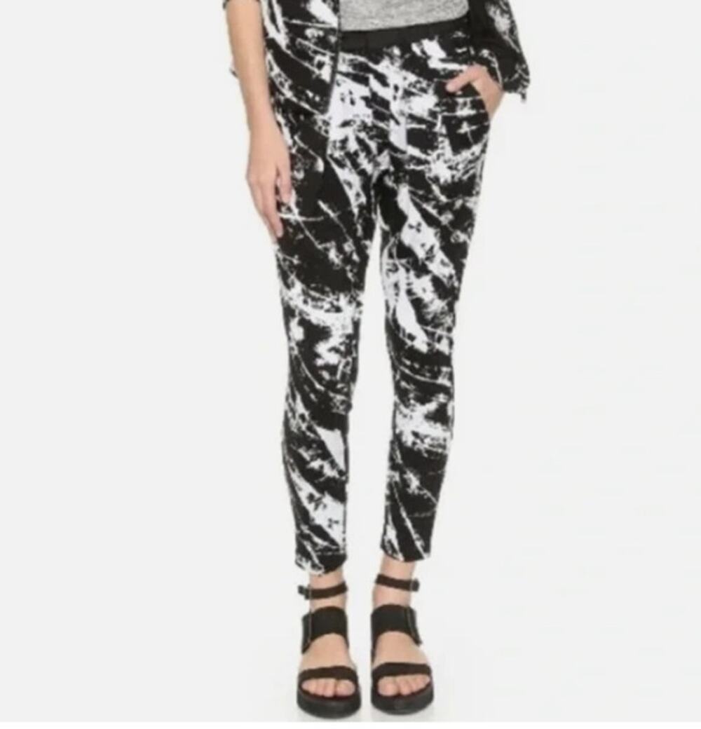 Helmut Lang Sz M Marble Abstract Ankle Pants Zip Pocket Stretch Black White
